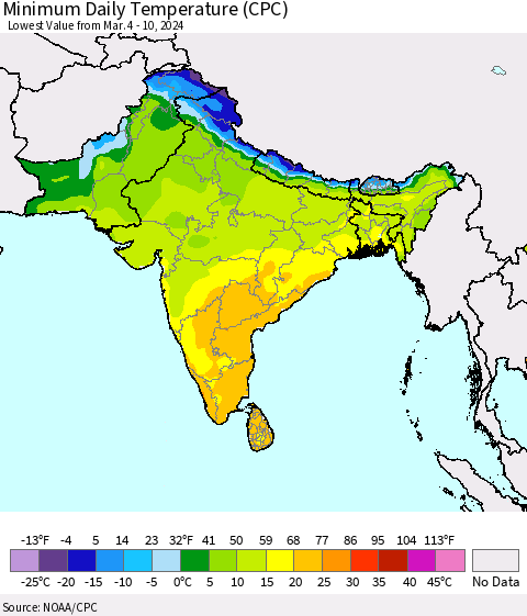 Southern Asia Minimum Daily Temperature (CPC) Thematic Map For 3/4/2024 - 3/10/2024