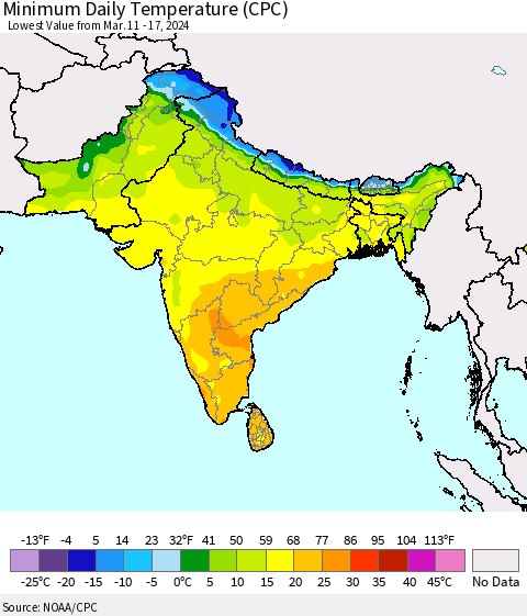 Southern Asia Minimum Daily Temperature (CPC) Thematic Map For 3/11/2024 - 3/17/2024