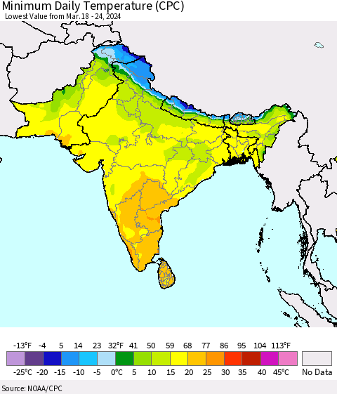 Southern Asia Minimum Daily Temperature (CPC) Thematic Map For 3/18/2024 - 3/24/2024