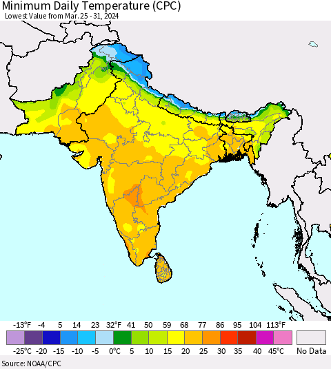 Southern Asia Minimum Daily Temperature (CPC) Thematic Map For 3/25/2024 - 3/31/2024