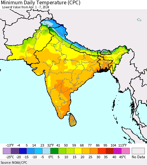 Southern Asia Minimum Daily Temperature (CPC) Thematic Map For 4/1/2024 - 4/7/2024