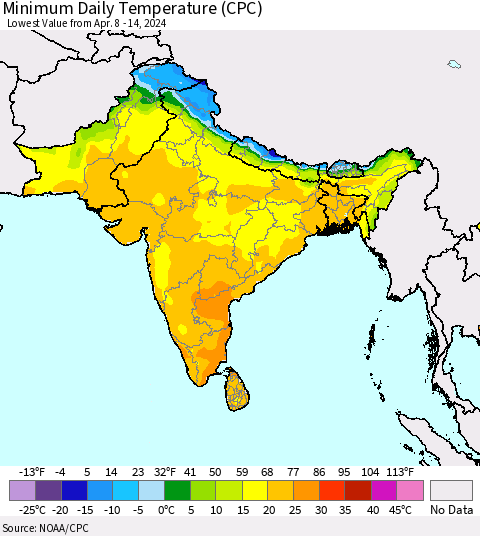 Southern Asia Minimum Daily Temperature (CPC) Thematic Map For 4/8/2024 - 4/14/2024