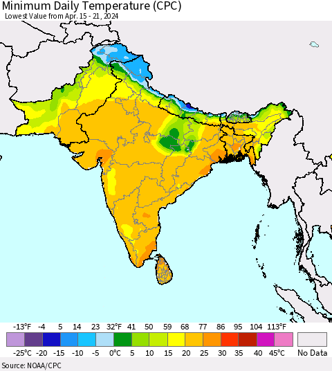Southern Asia Minimum Daily Temperature (CPC) Thematic Map For 4/15/2024 - 4/21/2024