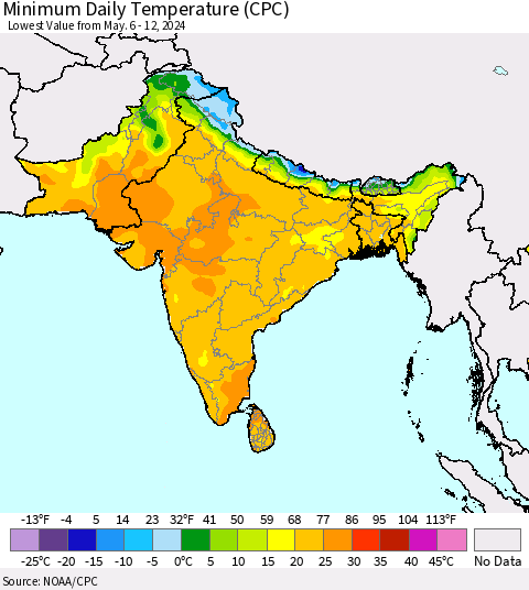 Southern Asia Minimum Daily Temperature (CPC) Thematic Map For 5/6/2024 - 5/12/2024
