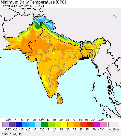 Southern Asia Minimum Daily Temperature (CPC) Thematic Map For 5/13/2024 - 5/19/2024