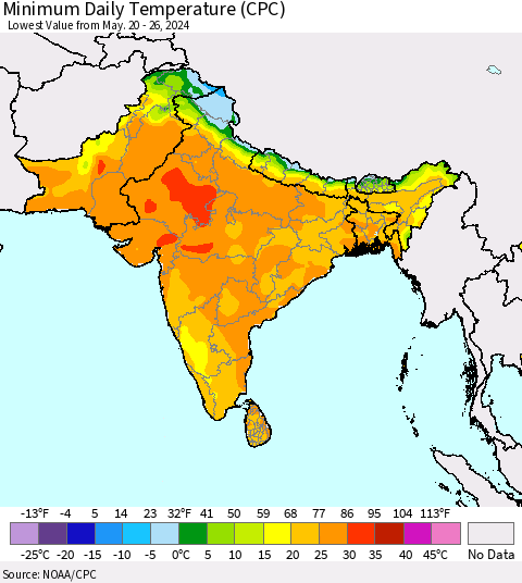 Southern Asia Minimum Daily Temperature (CPC) Thematic Map For 5/20/2024 - 5/26/2024