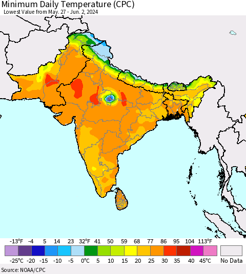 Southern Asia Minimum Daily Temperature (CPC) Thematic Map For 5/27/2024 - 6/2/2024