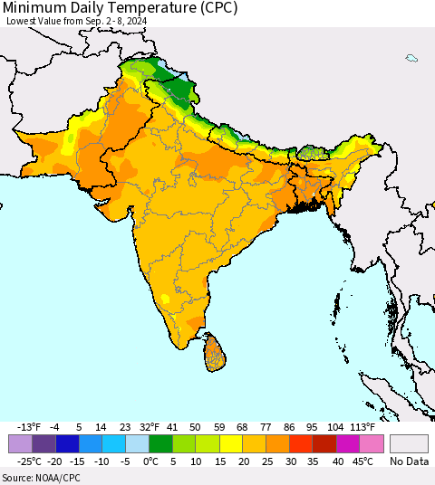 Southern Asia Minimum Daily Temperature (CPC) Thematic Map For 9/2/2024 - 9/8/2024
