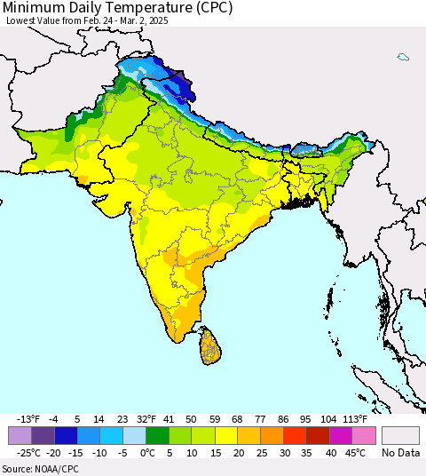 Southern Asia Minimum Daily Temperature (CPC) Thematic Map For 2/24/2025 - 3/2/2025