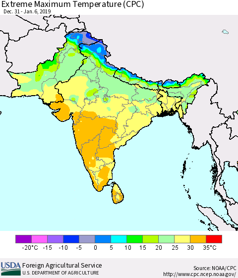 Southern Asia Maximum Daily Temperature (CPC) Thematic Map For 12/31/2018 - 1/6/2019