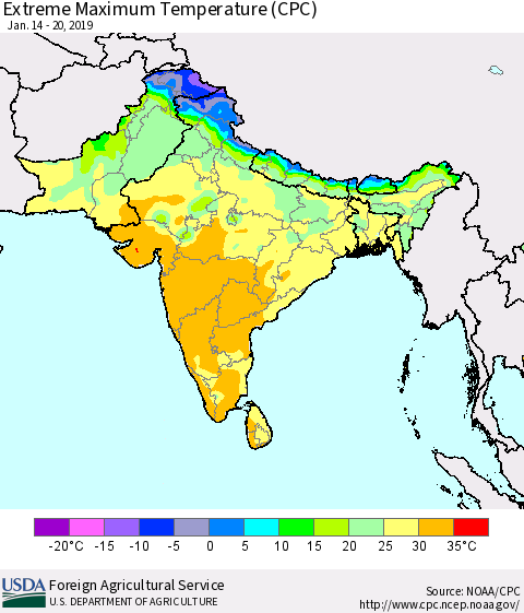 Southern Asia Maximum Daily Temperature (CPC) Thematic Map For 1/14/2019 - 1/20/2019
