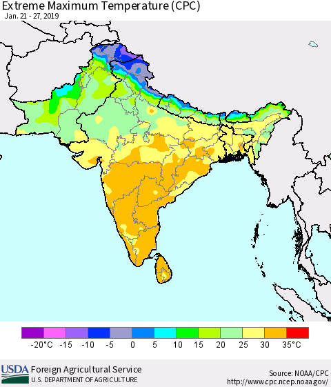 Southern Asia Maximum Daily Temperature (CPC) Thematic Map For 1/21/2019 - 1/27/2019