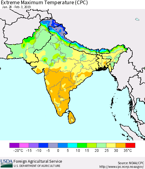 Southern Asia Maximum Daily Temperature (CPC) Thematic Map For 1/28/2019 - 2/3/2019