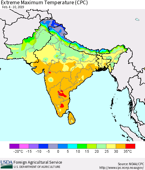Southern Asia Maximum Daily Temperature (CPC) Thematic Map For 2/4/2019 - 2/10/2019