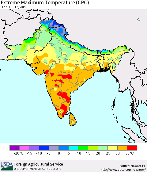 Southern Asia Maximum Daily Temperature (CPC) Thematic Map For 2/11/2019 - 2/17/2019