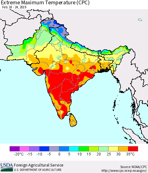 Southern Asia Maximum Daily Temperature (CPC) Thematic Map For 2/18/2019 - 2/24/2019