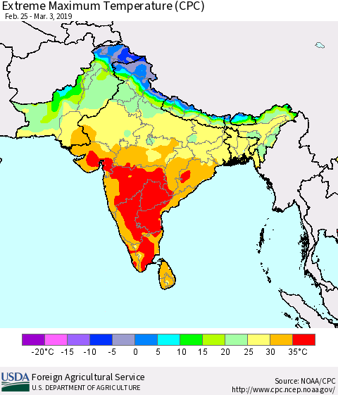 Southern Asia Maximum Daily Temperature (CPC) Thematic Map For 2/25/2019 - 3/3/2019