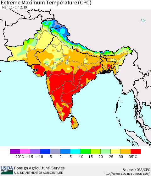 Southern Asia Maximum Daily Temperature (CPC) Thematic Map For 3/11/2019 - 3/17/2019