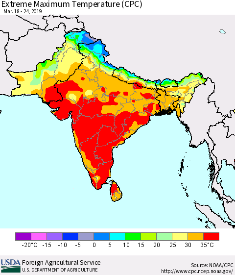 Southern Asia Maximum Daily Temperature (CPC) Thematic Map For 3/18/2019 - 3/24/2019