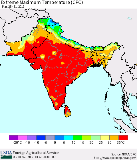 Southern Asia Maximum Daily Temperature (CPC) Thematic Map For 3/25/2019 - 3/31/2019