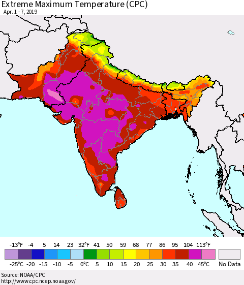 Southern Asia Maximum Daily Temperature (CPC) Thematic Map For 4/1/2019 - 4/7/2019