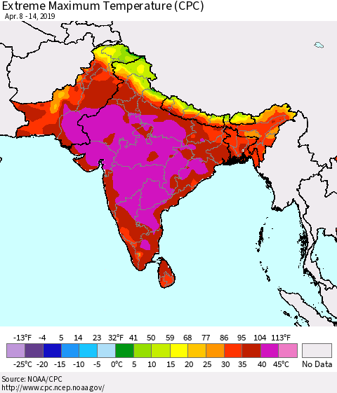 Southern Asia Maximum Daily Temperature (CPC) Thematic Map For 4/8/2019 - 4/14/2019