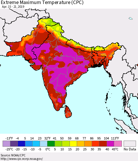 Southern Asia Maximum Daily Temperature (CPC) Thematic Map For 4/15/2019 - 4/21/2019
