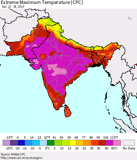 Southern Asia Maximum Daily Temperature (CPC) Thematic Map For 4/22/2019 - 4/28/2019