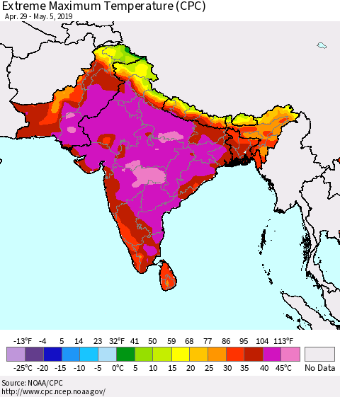 Southern Asia Maximum Daily Temperature (CPC) Thematic Map For 4/29/2019 - 5/5/2019