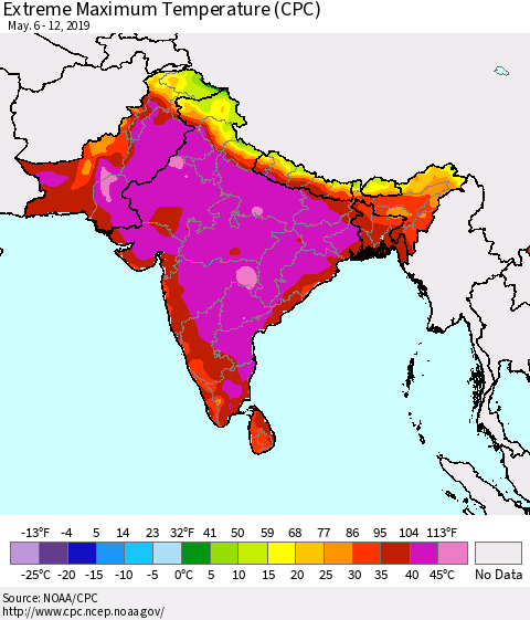 Southern Asia Extreme Maximum Temperature (CPC) Thematic Map For 5/6/2019 - 5/12/2019