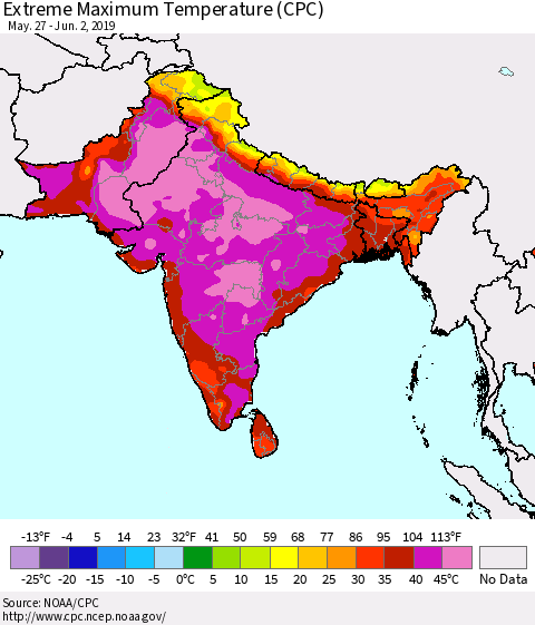 Southern Asia Extreme Maximum Temperature (CPC) Thematic Map For 5/27/2019 - 6/2/2019