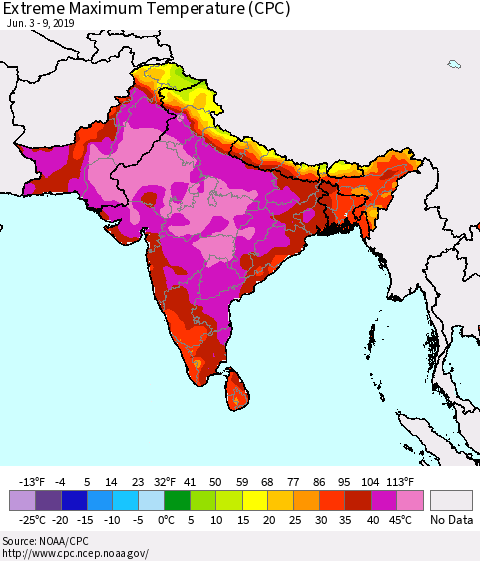 Southern Asia Extreme Maximum Temperature (CPC) Thematic Map For 6/3/2019 - 6/9/2019