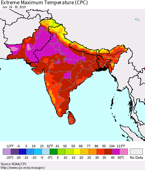 Southern Asia Extreme Maximum Temperature (CPC) Thematic Map For 6/24/2019 - 6/30/2019