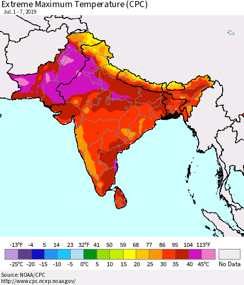 Southern Asia Extreme Maximum Temperature (CPC) Thematic Map For 7/1/2019 - 7/7/2019