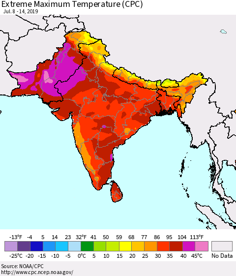 Southern Asia Extreme Maximum Temperature (CPC) Thematic Map For 7/8/2019 - 7/14/2019