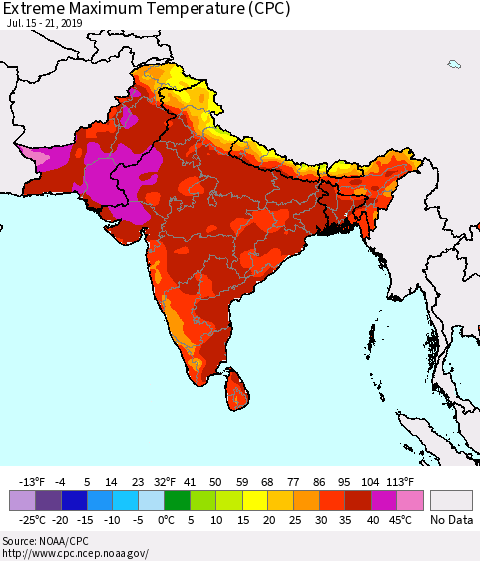 Southern Asia Extreme Maximum Temperature (CPC) Thematic Map For 7/15/2019 - 7/21/2019