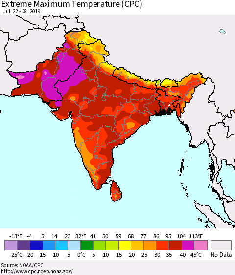 Southern Asia Extreme Maximum Temperature (CPC) Thematic Map For 7/22/2019 - 7/28/2019