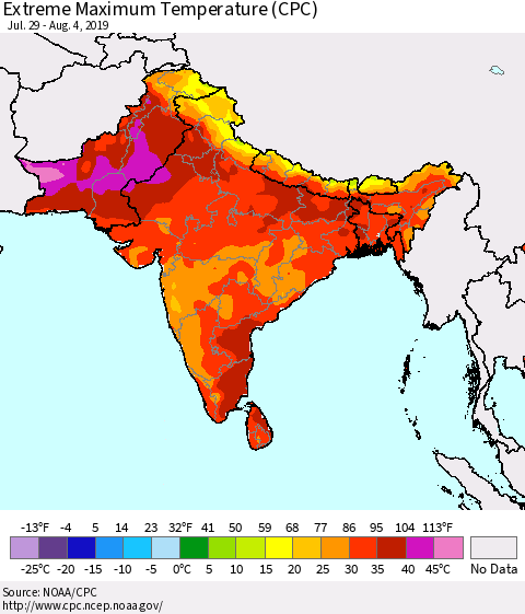 Southern Asia Extreme Maximum Temperature (CPC) Thematic Map For 7/29/2019 - 8/4/2019