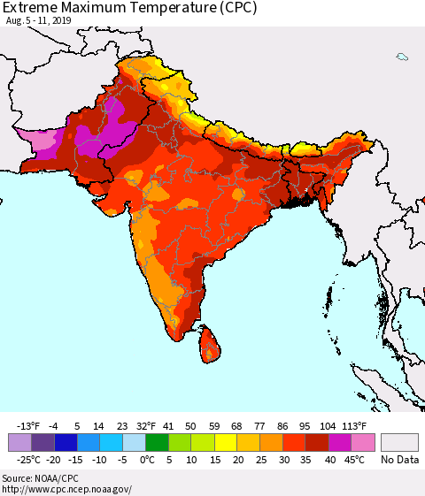 Southern Asia Extreme Maximum Temperature (CPC) Thematic Map For 8/5/2019 - 8/11/2019
