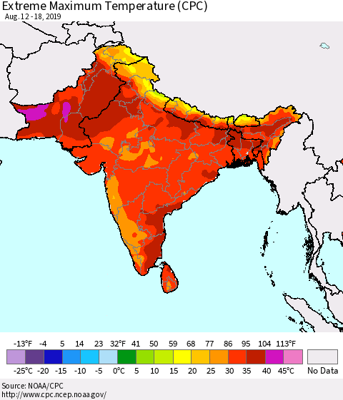 Southern Asia Extreme Maximum Temperature (CPC) Thematic Map For 8/12/2019 - 8/18/2019