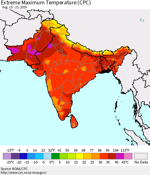 Southern Asia Extreme Maximum Temperature (CPC) Thematic Map For 8/19/2019 - 8/25/2019