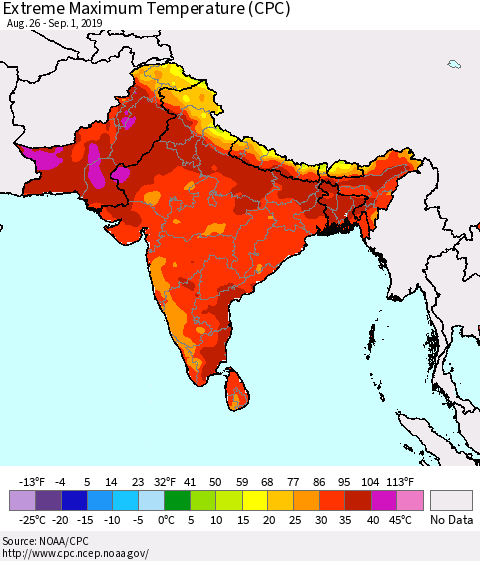 Southern Asia Extreme Maximum Temperature (CPC) Thematic Map For 8/26/2019 - 9/1/2019