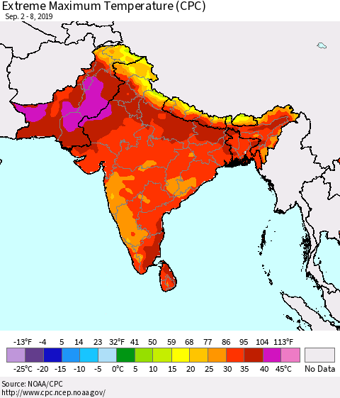 Southern Asia Extreme Maximum Temperature (CPC) Thematic Map For 9/2/2019 - 9/8/2019