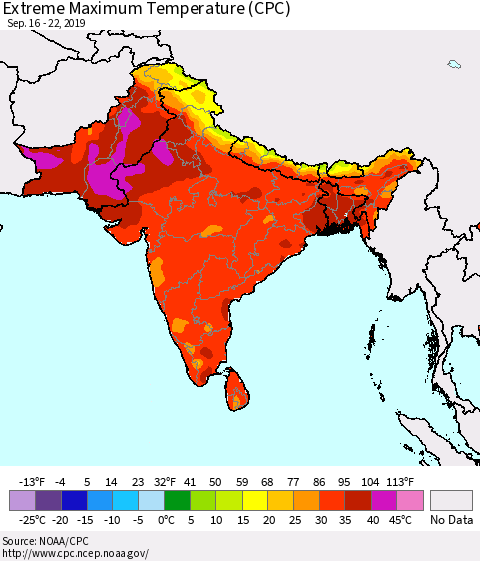 Southern Asia Extreme Maximum Temperature (CPC) Thematic Map For 9/16/2019 - 9/22/2019