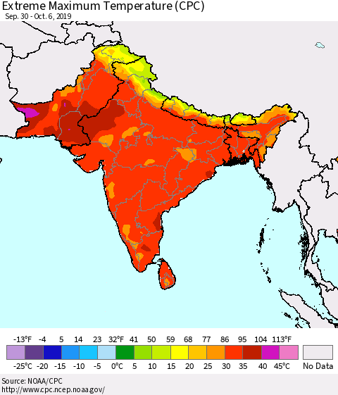 Southern Asia Extreme Maximum Temperature (CPC) Thematic Map For 9/30/2019 - 10/6/2019