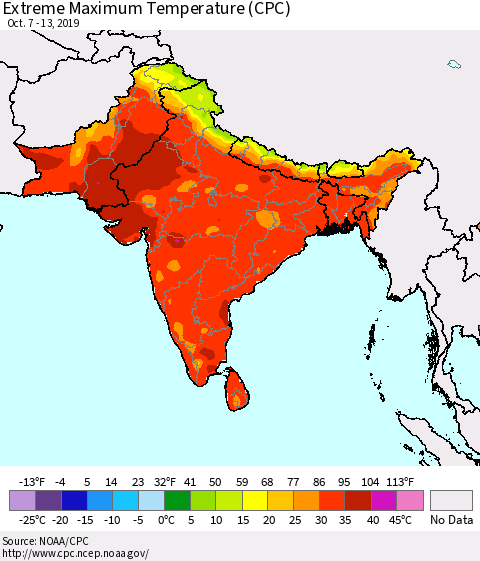 Southern Asia Extreme Maximum Temperature (CPC) Thematic Map For 10/7/2019 - 10/13/2019