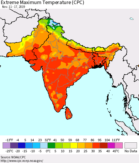 Southern Asia Maximum Daily Temperature (CPC) Thematic Map For 11/11/2019 - 11/17/2019