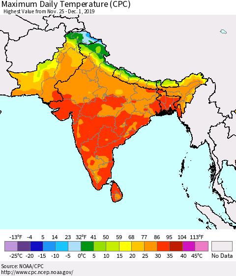 Southern Asia Maximum Daily Temperature (CPC) Thematic Map For 11/25/2019 - 12/1/2019