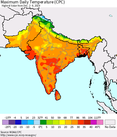 Southern Asia Maximum Daily Temperature (CPC) Thematic Map For 12/2/2019 - 12/8/2019