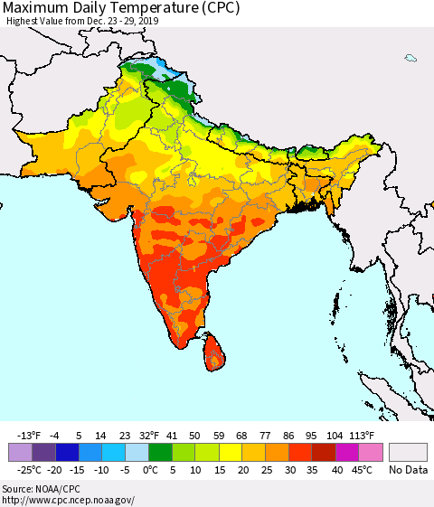 Southern Asia Maximum Daily Temperature (CPC) Thematic Map For 12/23/2019 - 12/29/2019